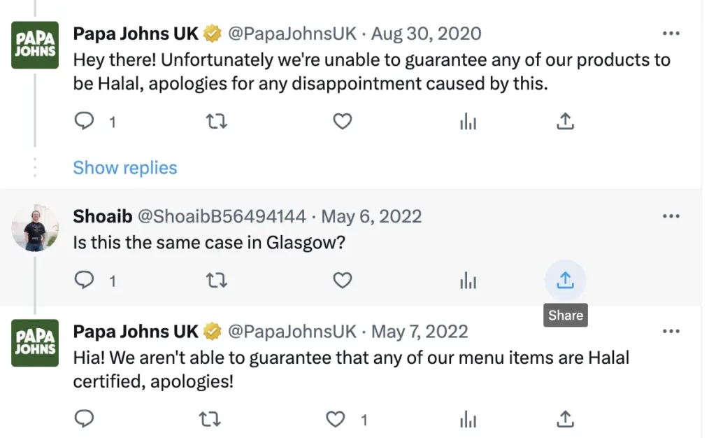 Papa John's tweet